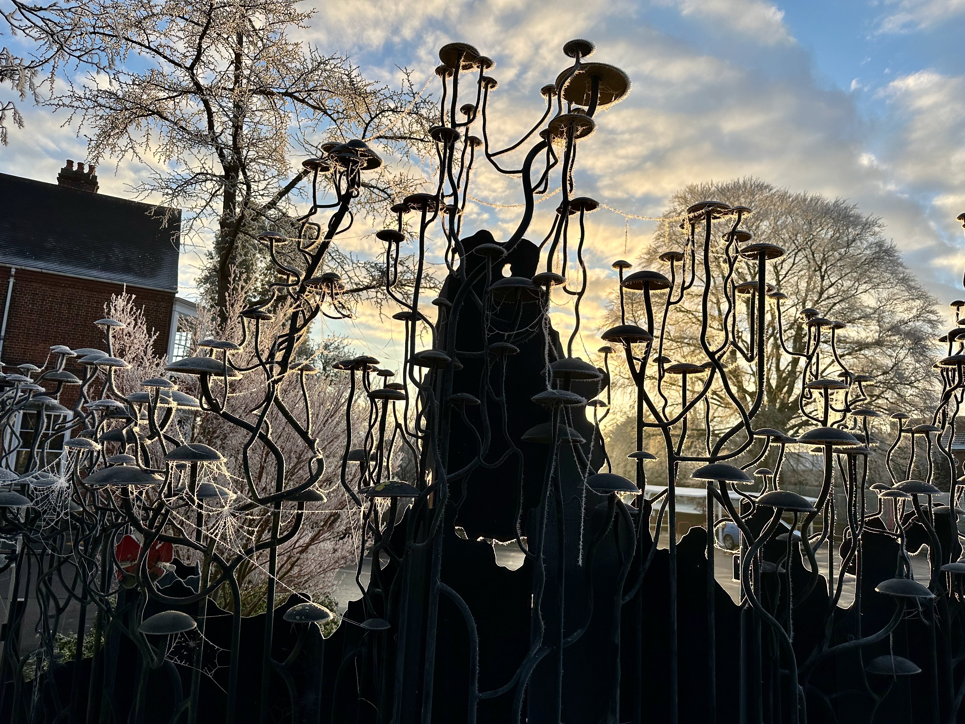 A gate made of metal mushrooms with a winter background